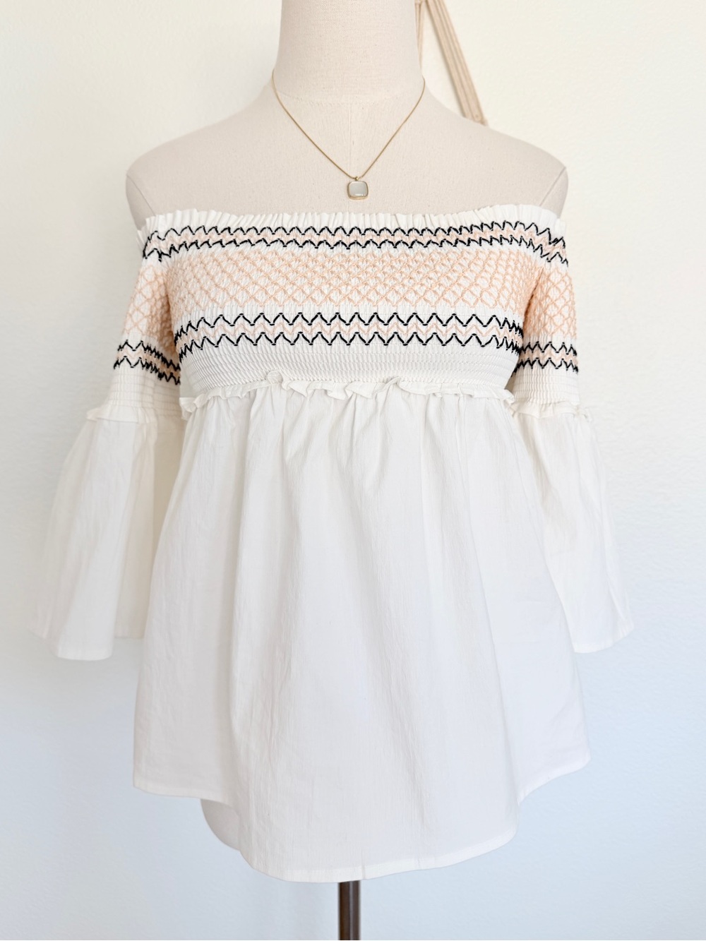 🤍 Bebe White Embroidered Smocked Off-Shoulder Top